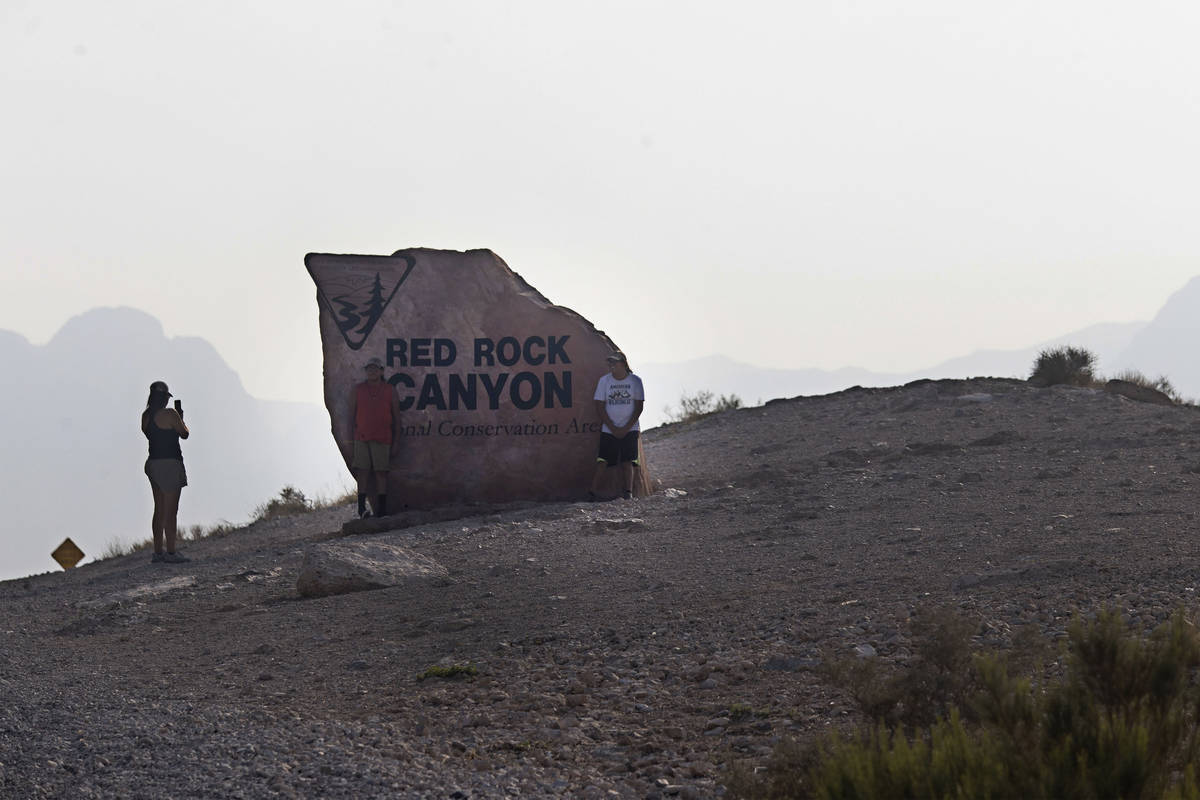 Smoky skies are seen from Red Rock Canyon in Las Vegas, Saturday, Aug. 7, 2021. (Erik Verduzco ...