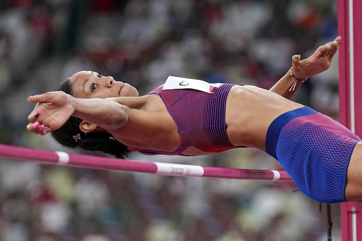 Vashti Cunningham, of the United States, competes in the women's high jump final at the 2020 Su ...