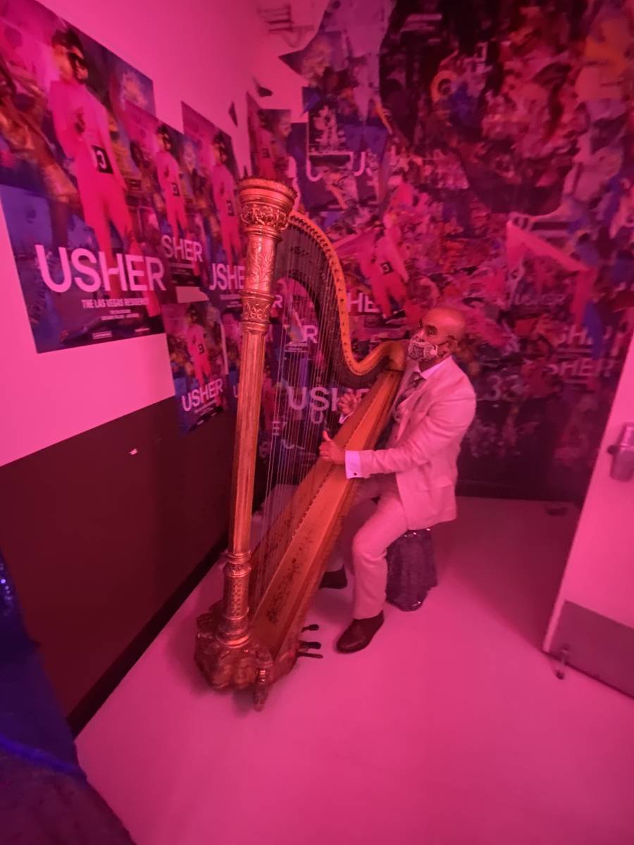 A harpist is shown at "Backstory Experience," Usher's pre-show immersive production, is shown o ...