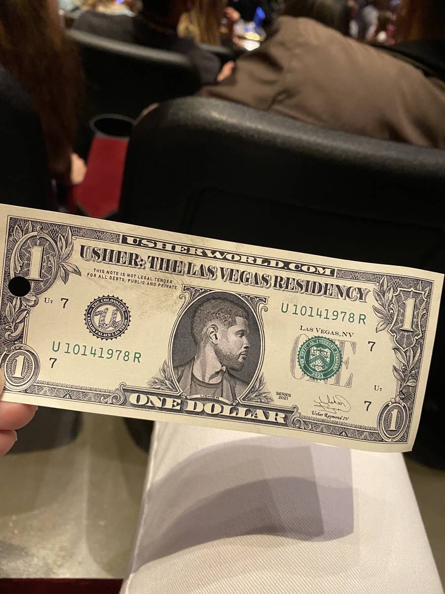 An Ushh Buck, Usher's fake cash, is shown on Friday, July 30, 2021. (John Katsilometes/Las Vega ...