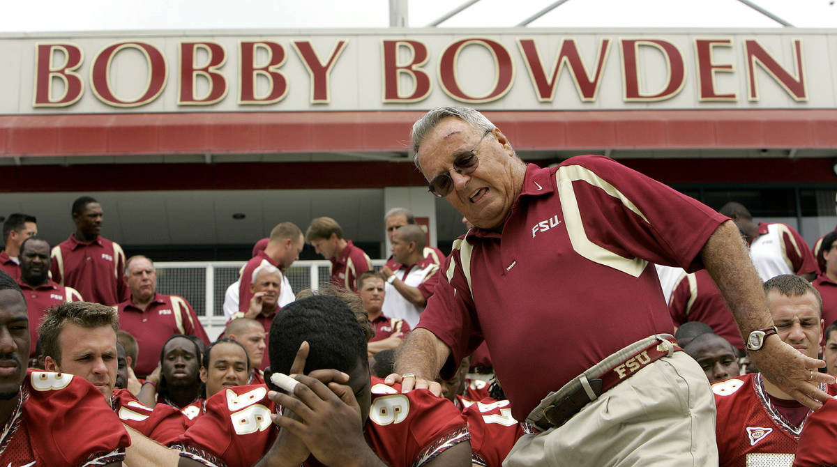FILE - In this Aug. 12, 2007, file photo, Florida State head football coach Bobby Bowden, right ...