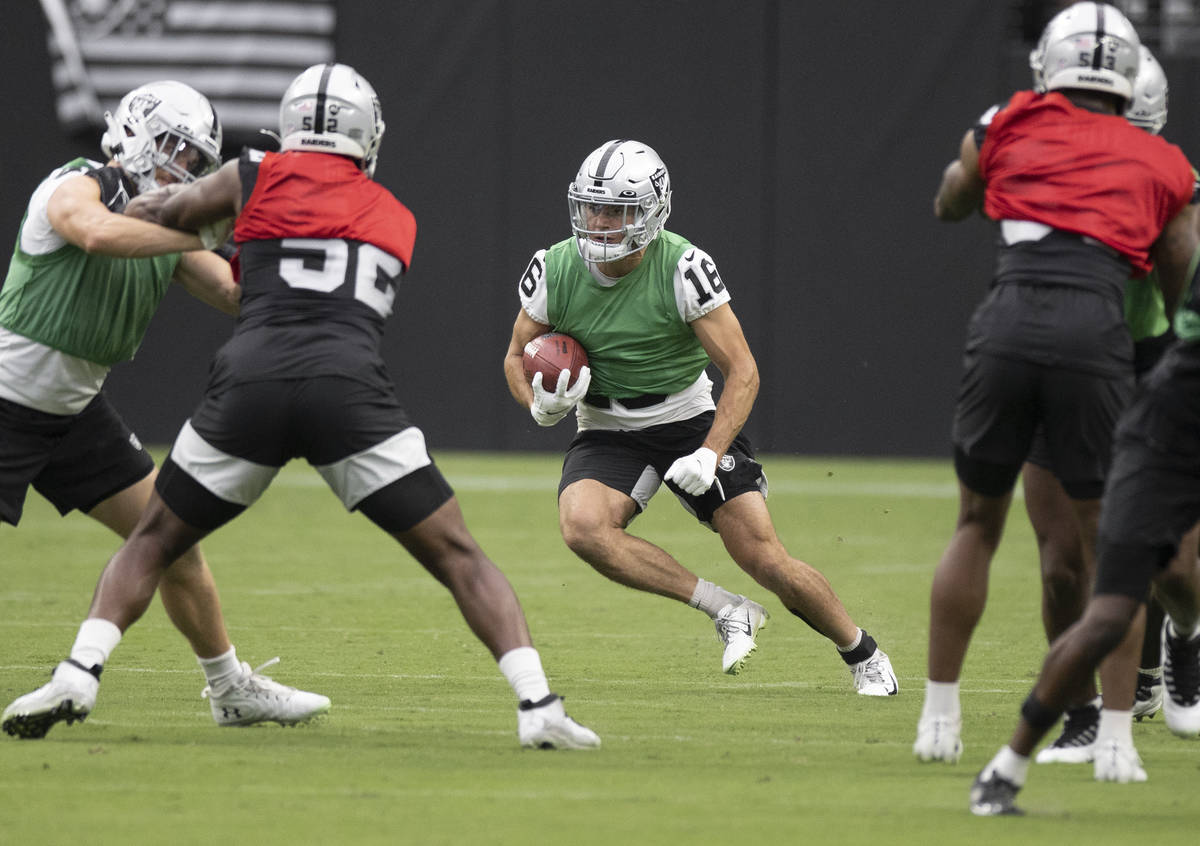 Raiders wide receiver Dillon Stoner (16) returns a kick during a special training camp practice ...