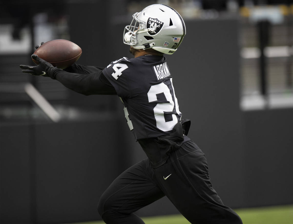Raiders defensive back Johnathan Abram (24) makes a catch during a special training camp practi ...