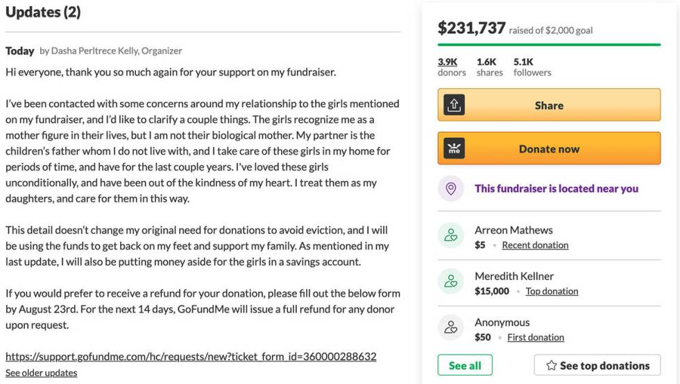 A screenshot from Dasha Kelly's GoFundMe page shows over $230K raised and an update saying she ...