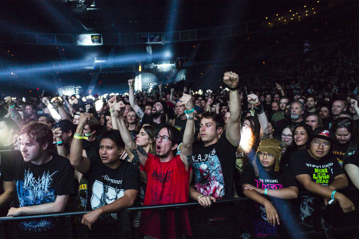 Fans cheer as Carcass performs at the Mandalay Bay Events Center during the Psycho Las Vegas mu ...