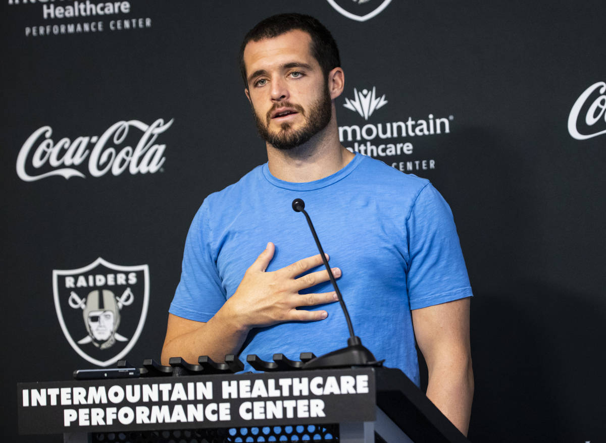 Raiders quarterback Derek Carr responds to questions from members of the media at Raiders Headq ...