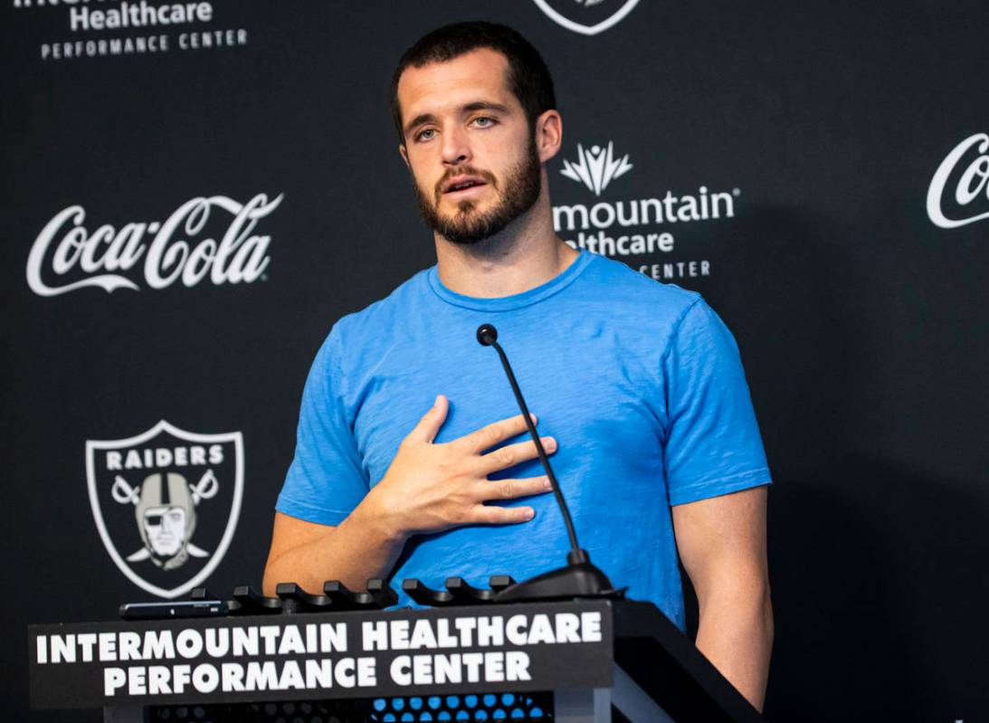Raiders quarterback Derek Carr responds to questions from members of the media at Raiders Headq ...