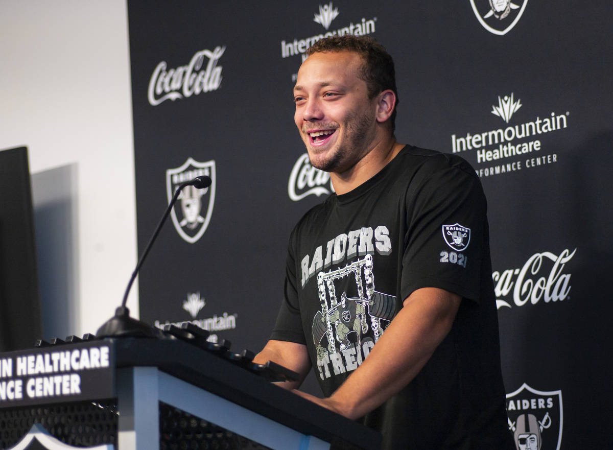 Raiders fullback Alec Ingold responds to questions from members of the media at Raiders Headqua ...