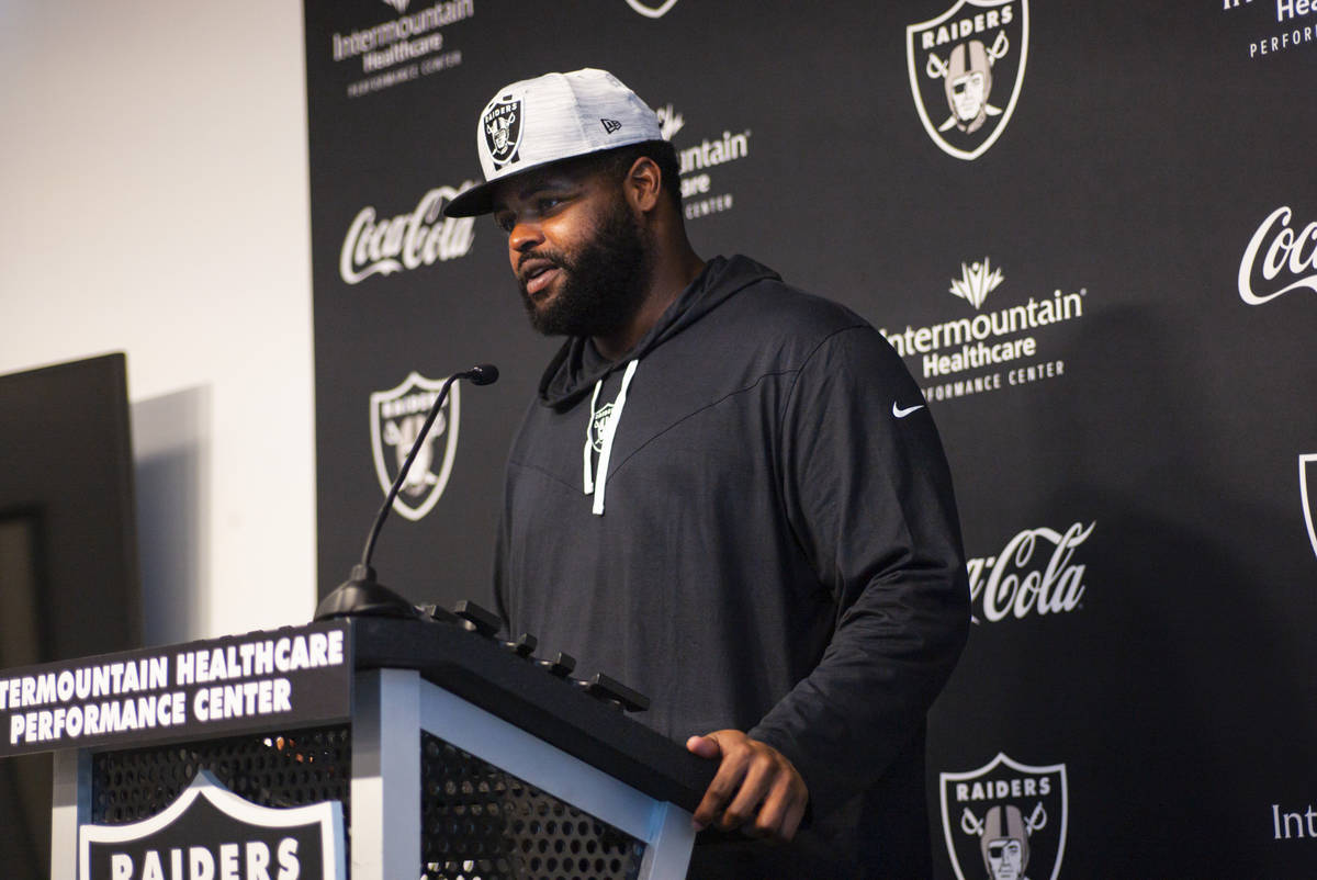 Raiders defensive tackle Johnathan Hankins responds to questions from members of the media at R ...