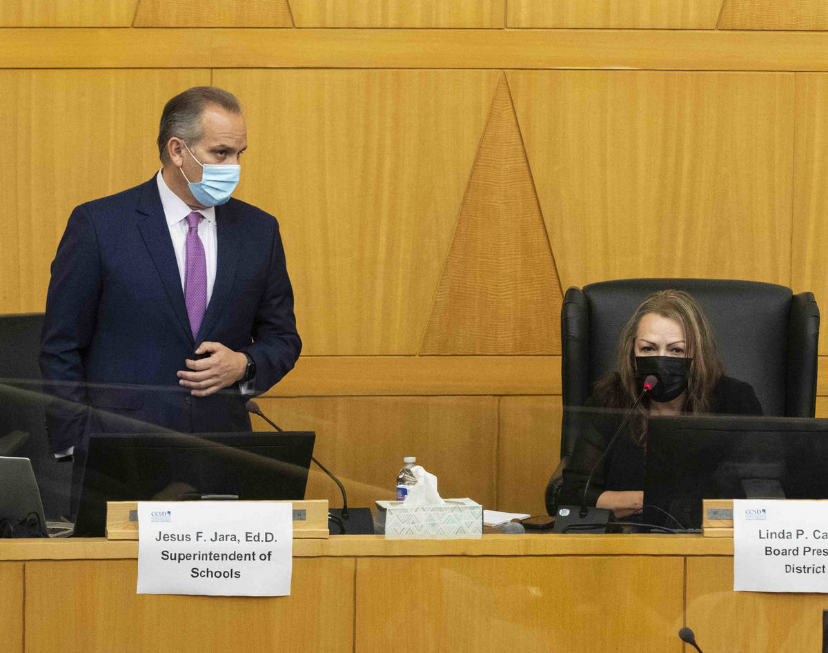 Superintendent Dr. Jesus Jara, left, and Linda Cavazos, president of the Clark County School Bo ...