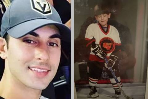 On the left, Shay Mikalonis wears his Golden Knights hat. On the right, Mikalonis, age 4, weari ...