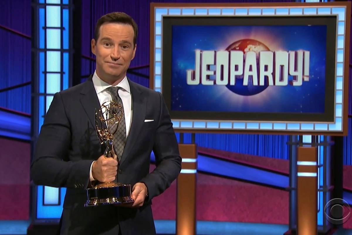 Executive producer Mike Richards accepts the award for outstanding game show for "Jeopardy!" du ...