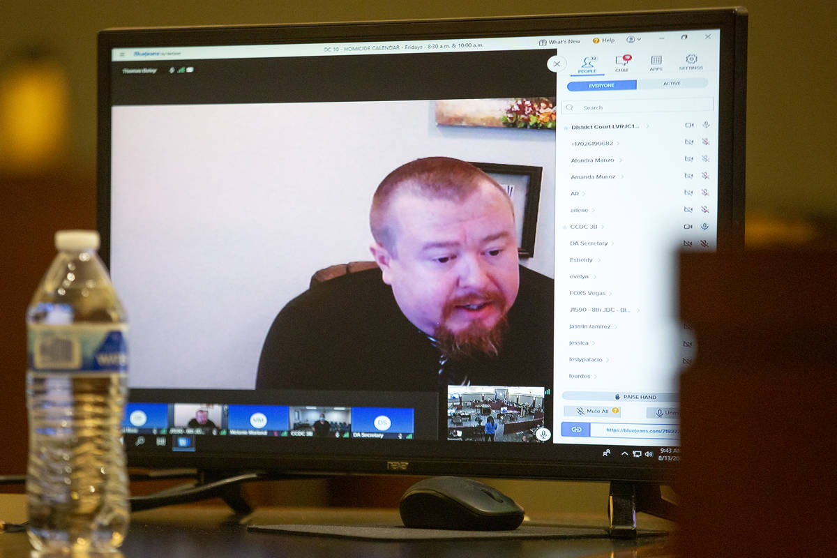 Defense attorney Thomas Boley appears on screen at the sentencing hearing for his client, Jose ...