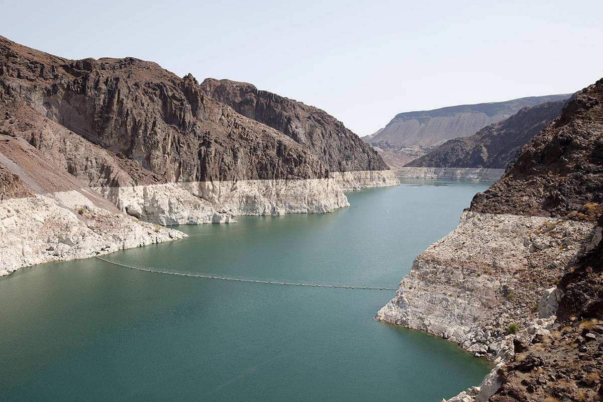 A bathtub ring of light minerals shows the high water line near Hoover Dam on Lake Mead in the ...