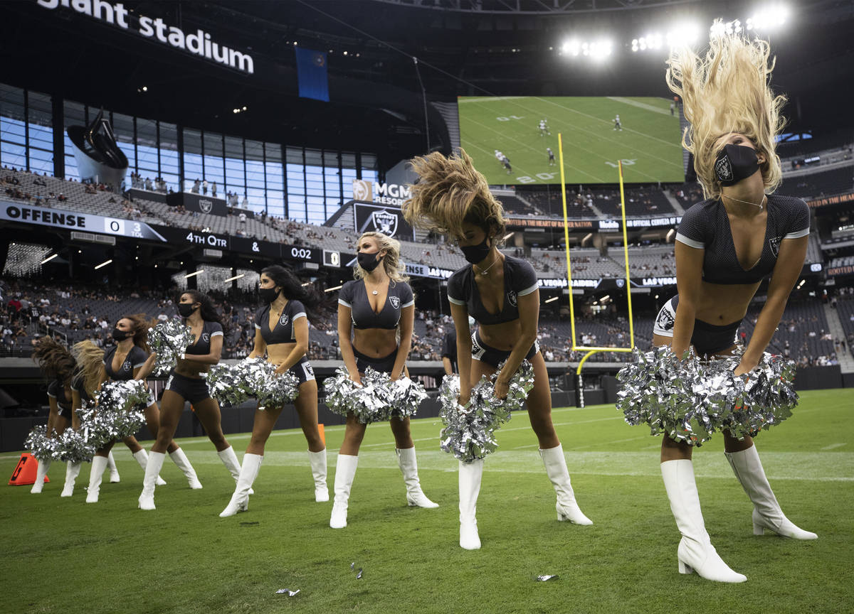 The Las Vegas Raiderettes perform during a special training camp practice for season ticket hol ...