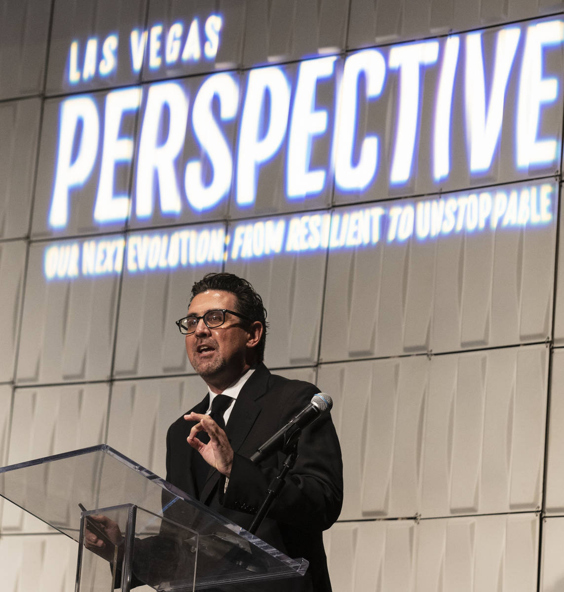Jeremy Aguero, a principal analyst with Applied Analysis, speaks during the Las Vegas Global Ec ...