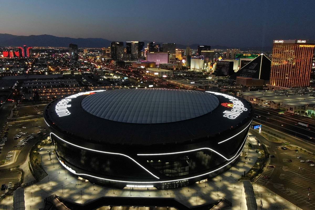 Aerial view of Allegiant Stadium and the Las Vegas Strip on Thursday, August 5, 2021. (Michael ...