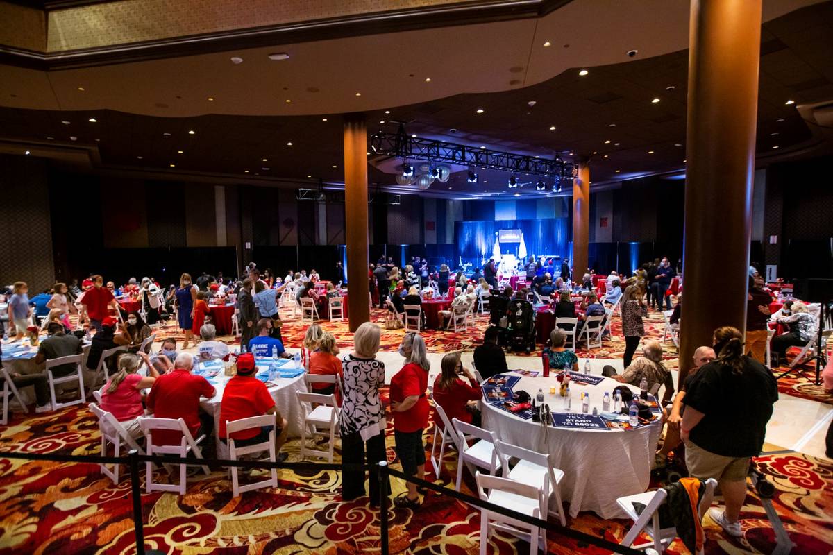 People gather before the start of an "Evangelicals for Trump" campaign event at the Ahern Hotel ...