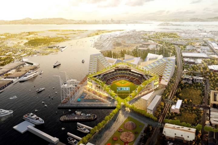 This rendering released Wednesday, Nov. 28, 2018, by the Oakland Athletics shows an elevated vi ...