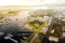 This rendering released Wednesday, Nov. 28, 2018, by the Oakland Athletics shows an elevated vi ...