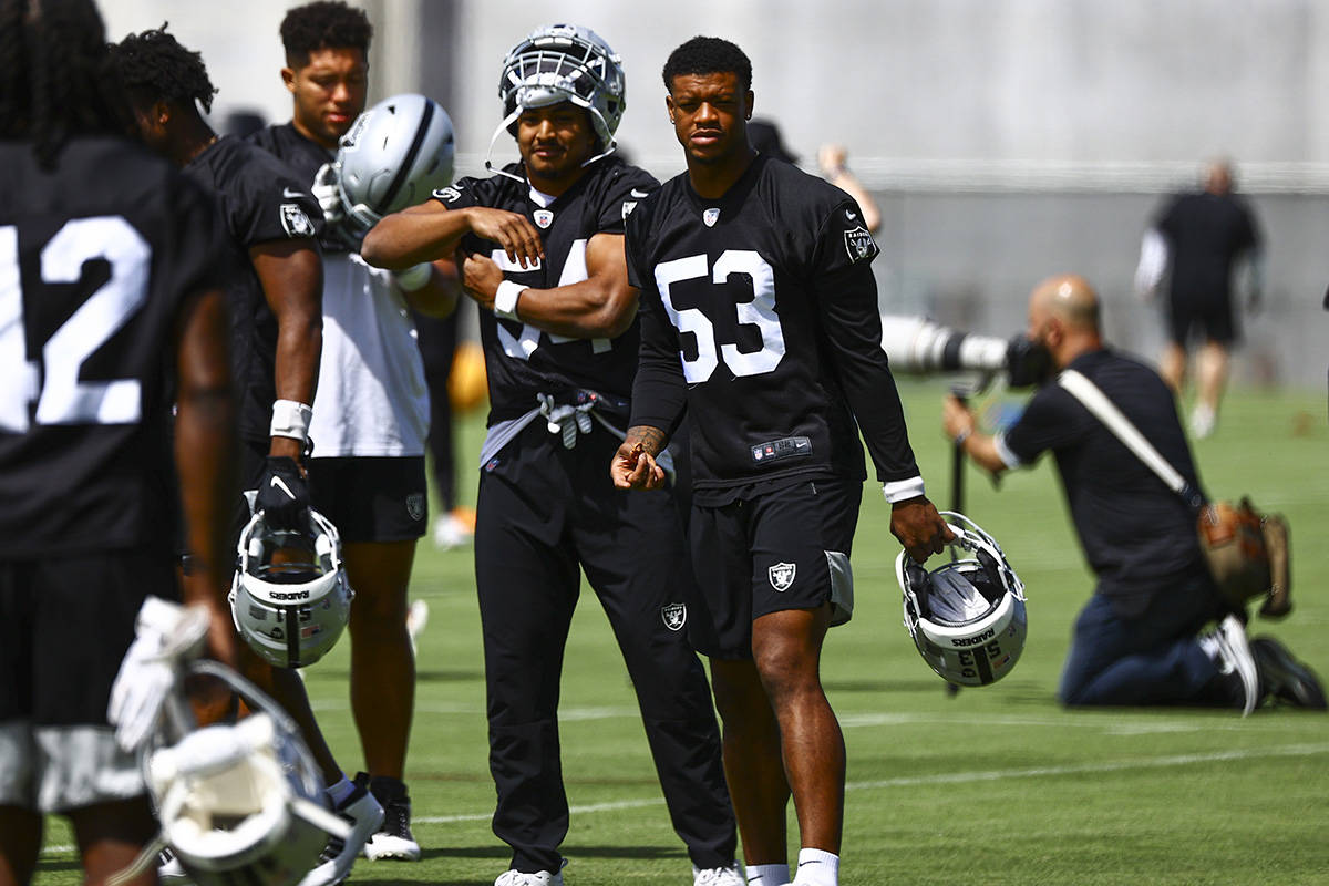 Raiders linebacker Javin White (53) walks on the field during NFL football practice at Raiders ...