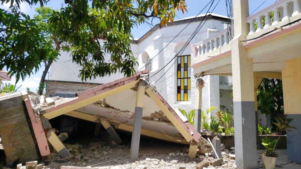 Sacred Heart church is damaged after an earthquake in Les Cayes, Haiti, Saturday, Aug. 14, 2021 ...
