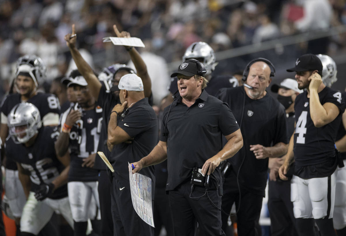 Raiders head coach Jon Gruden calls a play during an NFL preseason football game against the Se ...