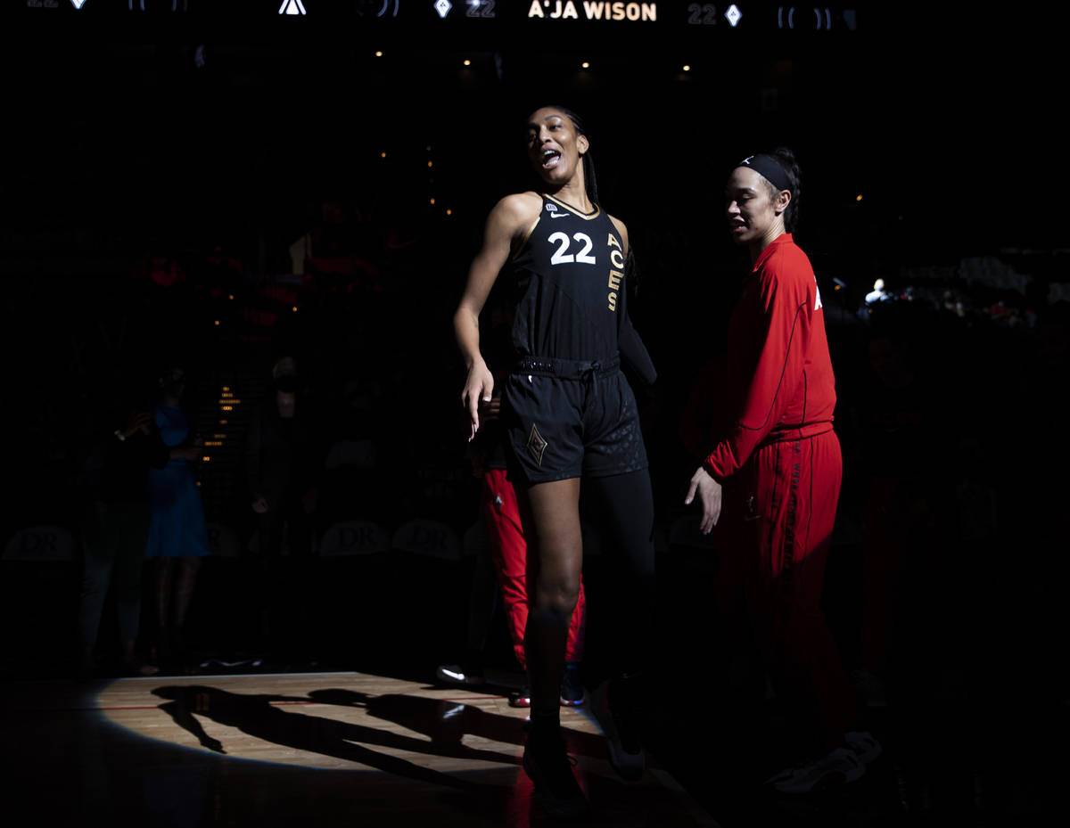 Las Vegas Aces forward A'ja Wilson (22) is announced before the start of a WNBA basketball game ...