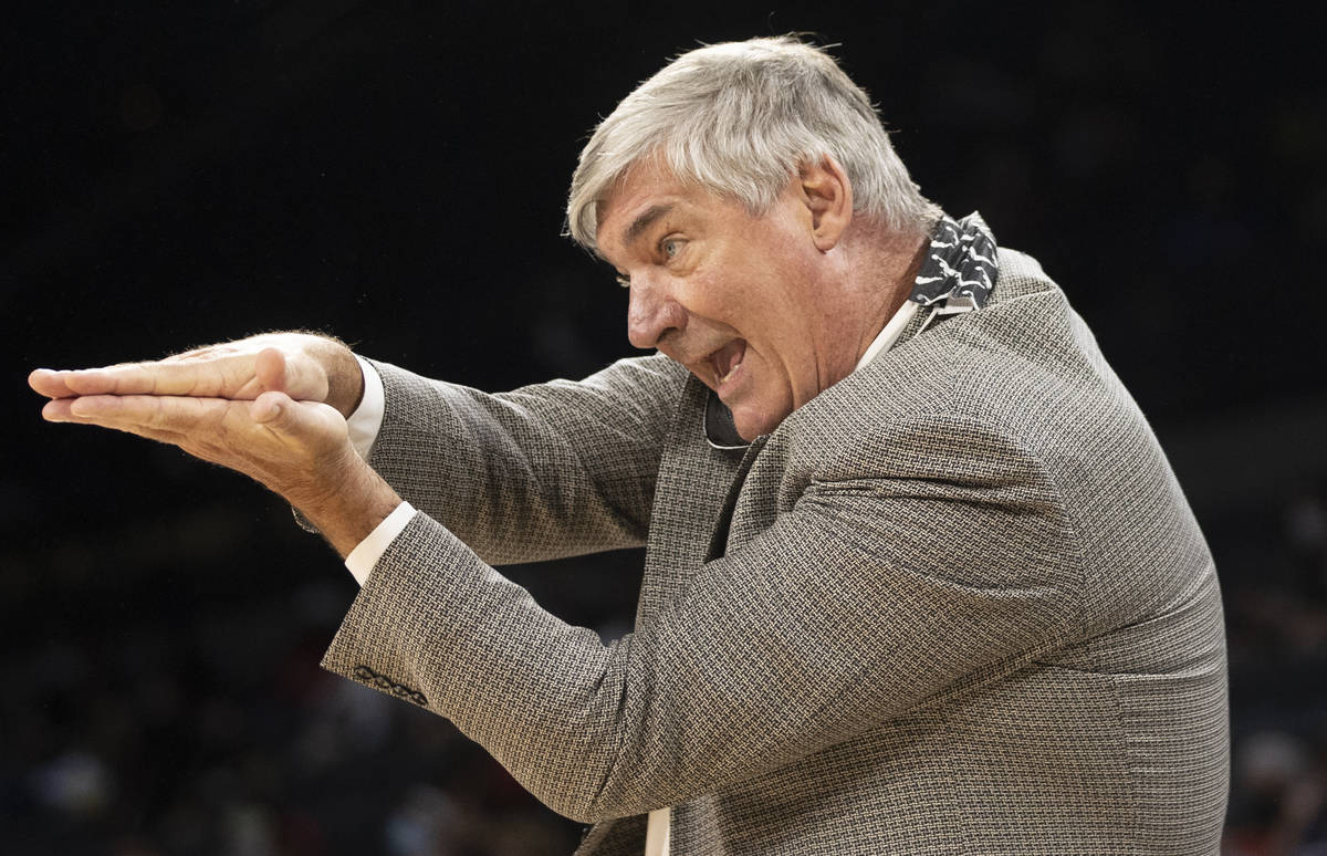 Las Vegas Aces head coach Bill Laimbeer argues a call in the second quarter during a WNBA baske ...