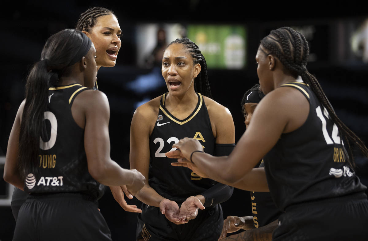 Las Vegas Aces forward A'ja Wilson (22) tries to fire up her team in the first quarter during a ...