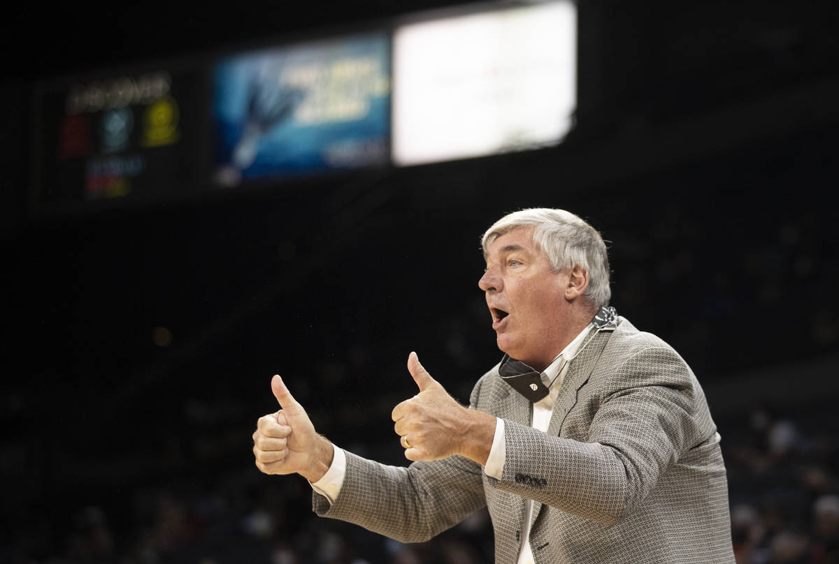 Las Vegas Aces head coach Bill Laimbeer calls a play in the second quarter during a WNBA basket ...