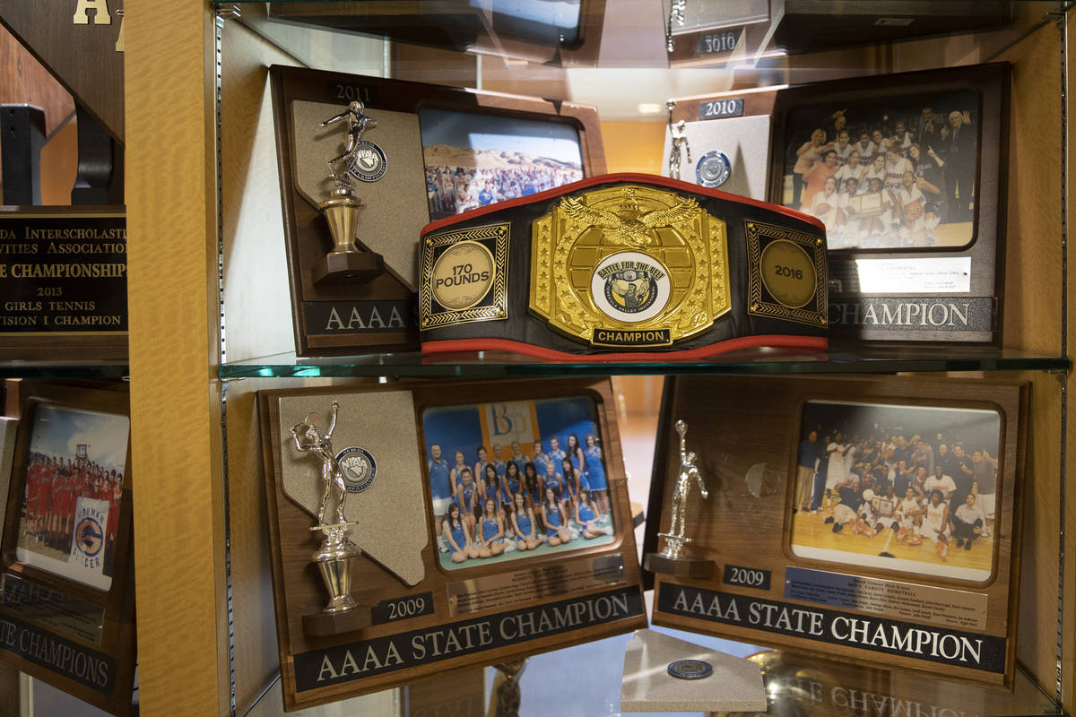 One of many trophy cases at Bishop Gorman High School on Monday, Aug. 9, 2021, in Las Vegas. (B ...