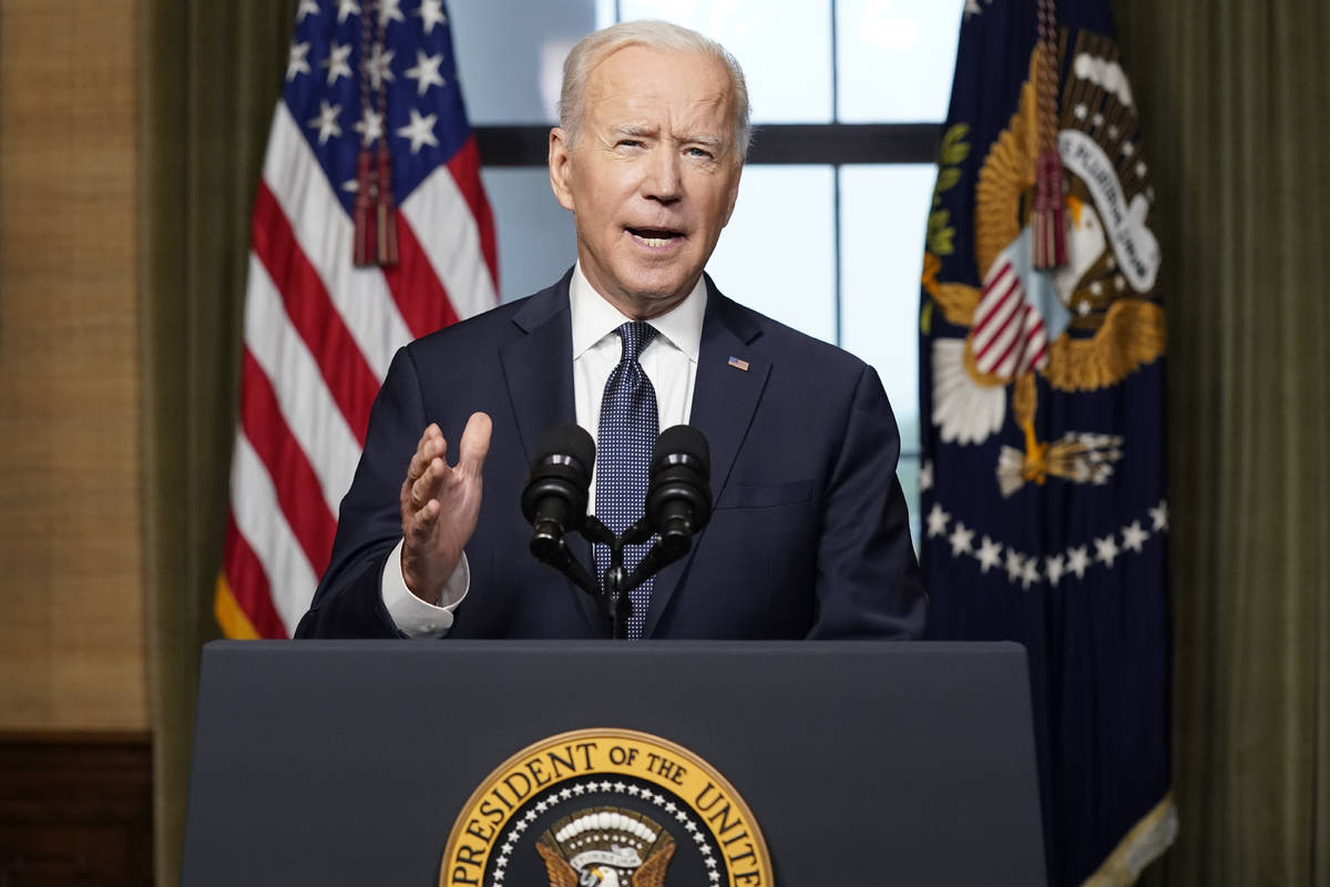 In this April 14, 2021, file photo President Joe Biden speaks from the Treaty Room in the White ...