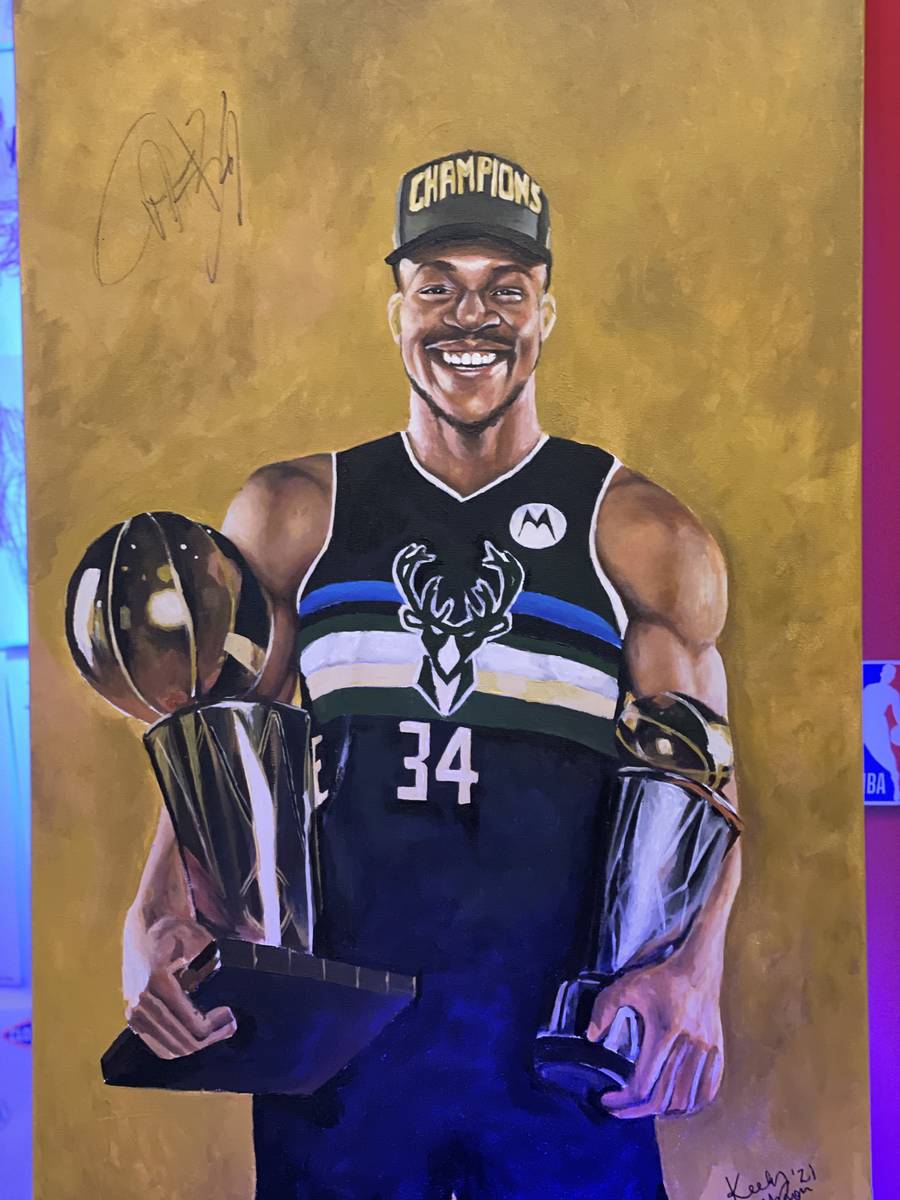 Keely Jackson's portrait of Milwaukee Bucks forward and reigning NBA Finals MVP Giannis Antetok ...