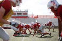 Arbor View's varsity football team runs drills during practice at Arbor View High School in Las ...