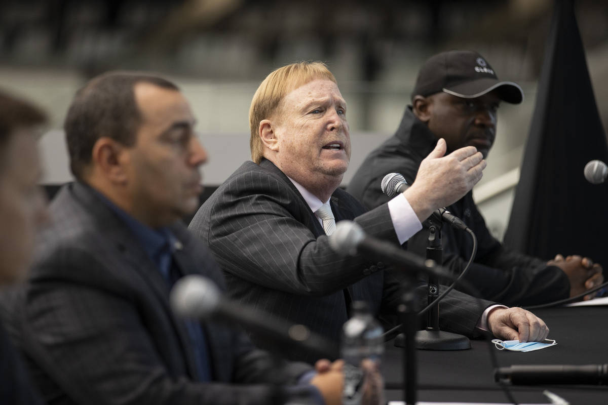Las Vegas Raiders owner Mark Davis speaks during a press conference announcing safety protocols ...