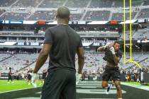 Raiders tight end Darren Waller (83) catches a pass before the Raiders home opening pre-season ...