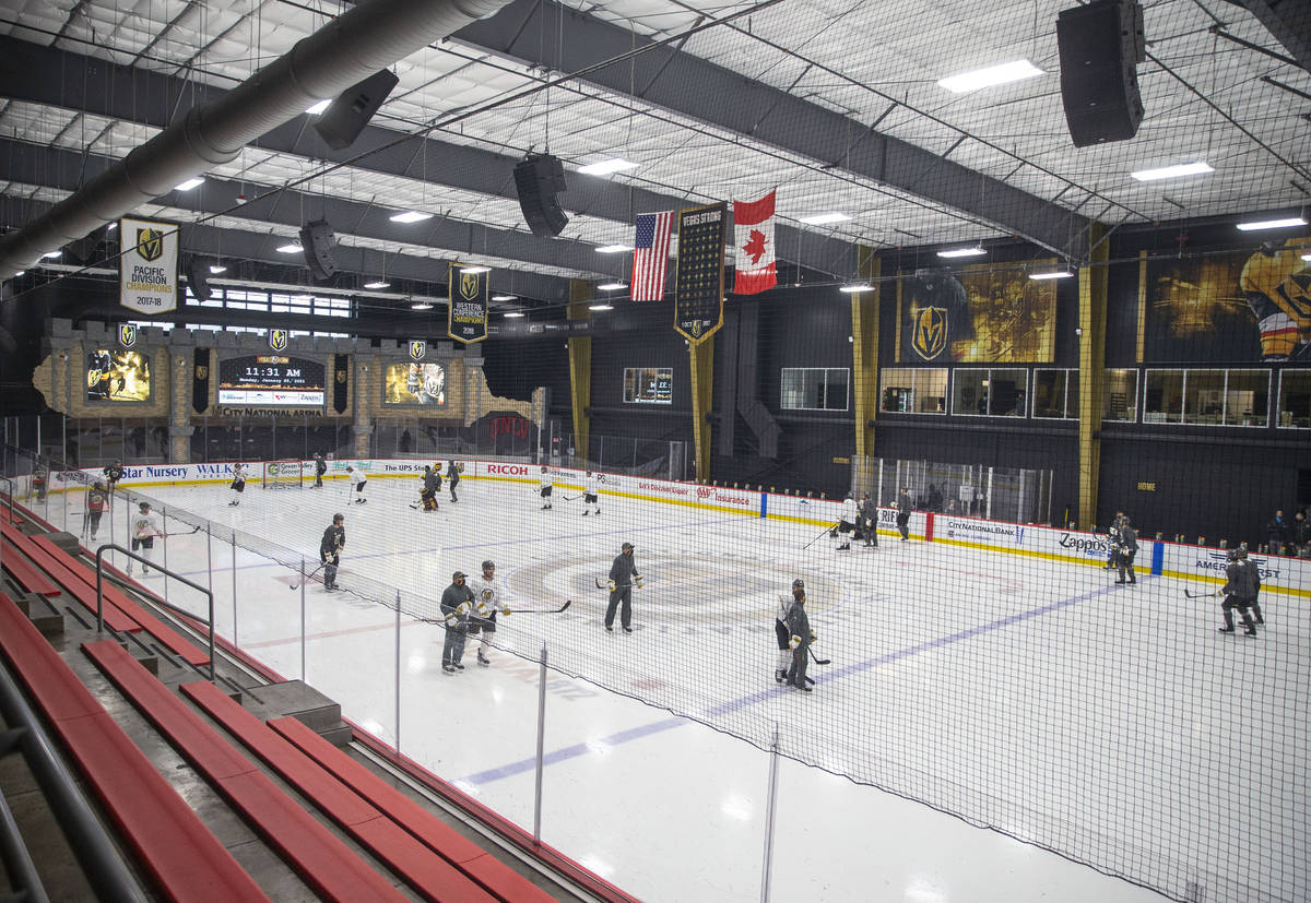 The Vegas Golden Knights skate during a practice session at City National Arena on Monday, Jan. ...
