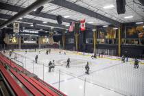 The Vegas Golden Knights skate during a practice session at City National Arena on Monday, Jan. ...