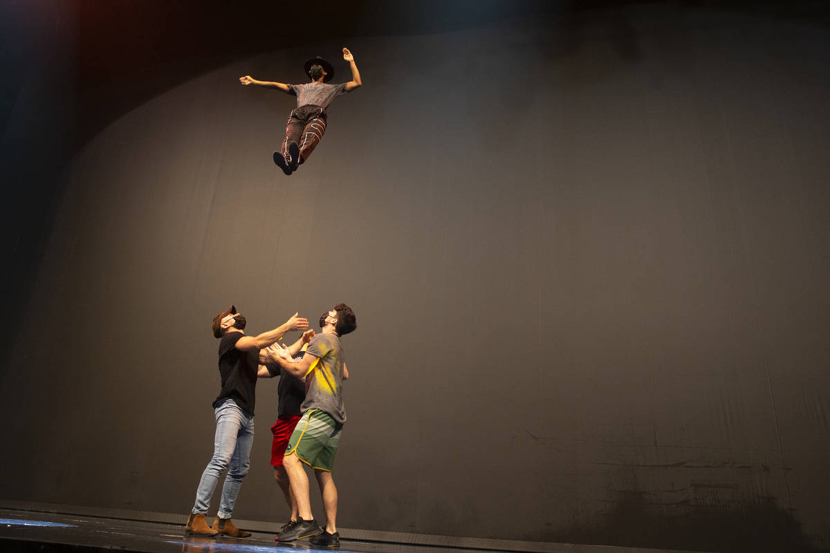 Performers rehearse for Michael Jackson One by Cirque du Soleil in the show's theater at Mandal ...