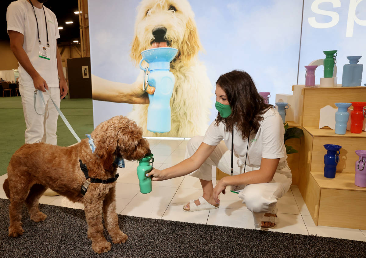 Shannon Ross, CEO of Springer from Austin, Texas, demonstrates her dog water bottle with her 2- ...