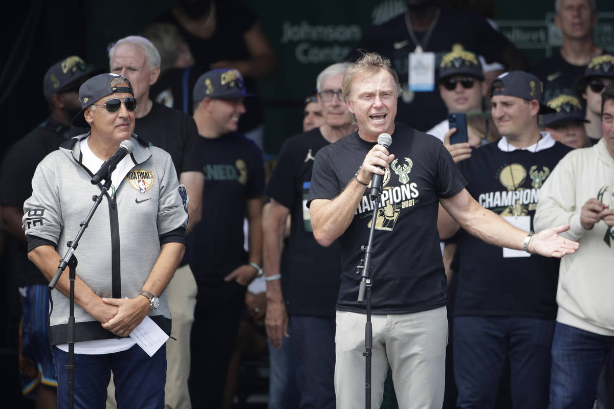 Milwaukee Bucks co-owner Wes Edens, right, speaks to the crowd next to co-owner Marc Lasry, lef ...