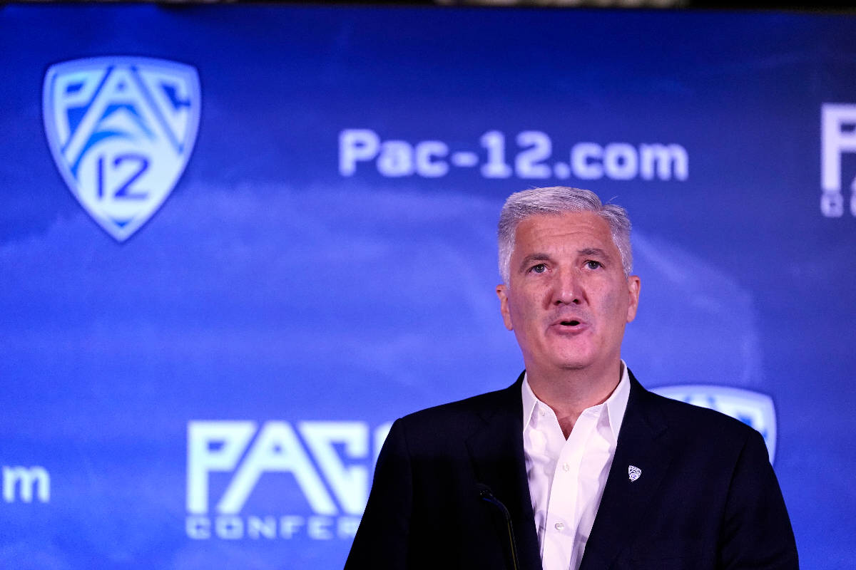 Pac-12 Commissioner George Kliavkoff speaks during the Pac-12 Conference NCAA college football ...