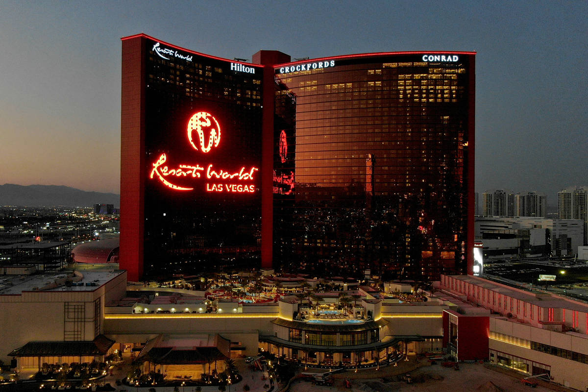An aerial photo of Resorts World Las Vegas on the former site of the Stardust hotel casino on S ...