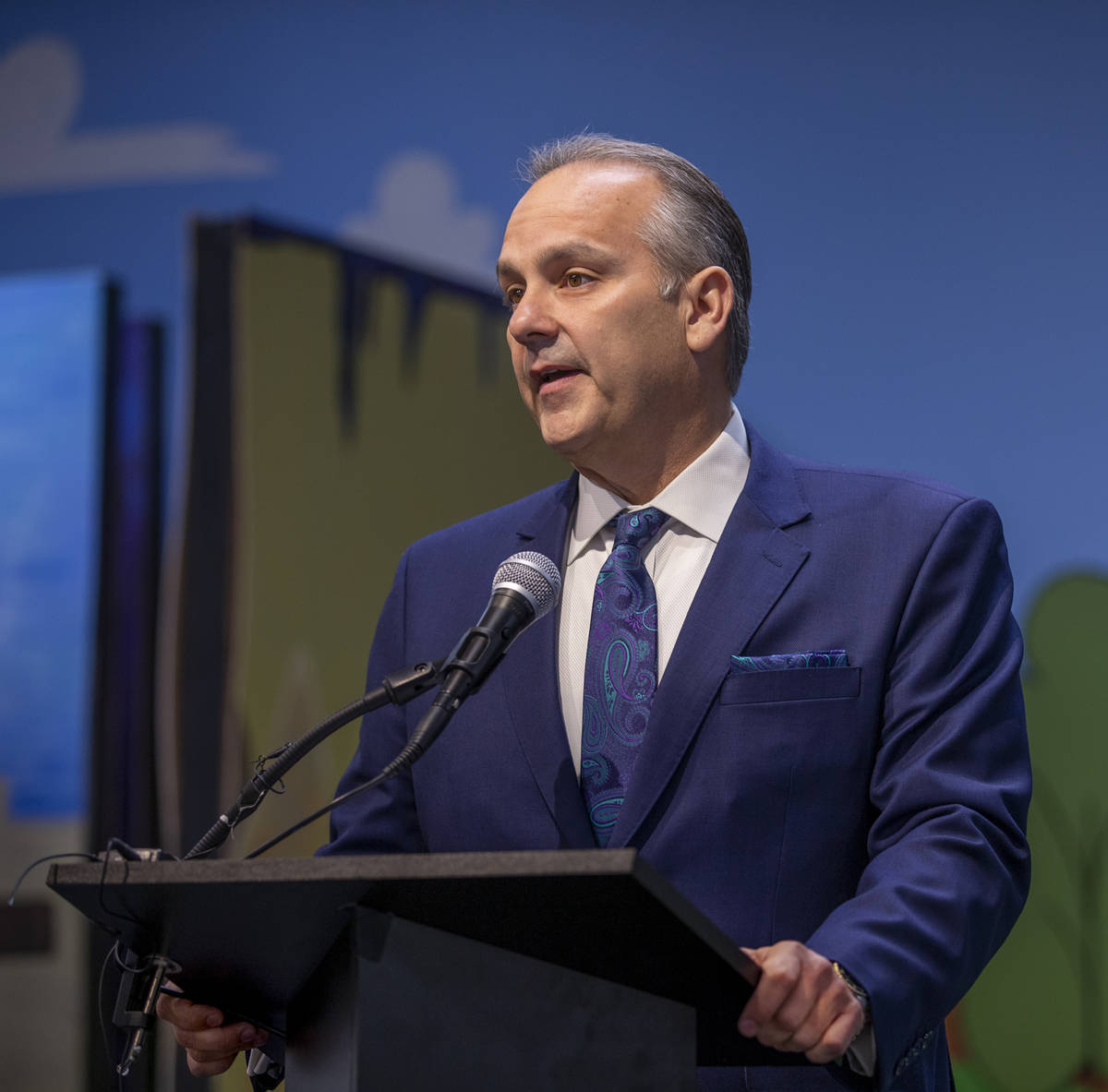 Clark County School District Superintendent Dr. Jesus Jara speaks during a ceremony for four bi ...