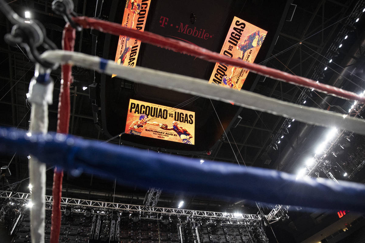 The view from the floor as crews work to set up the boxing ring at T-Mobile Arena for the upcom ...