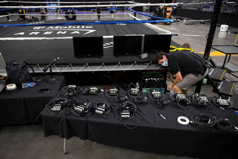 Communication headsets are seen ringside in advance of a boxing event at T-Mobile Arena in Las ...