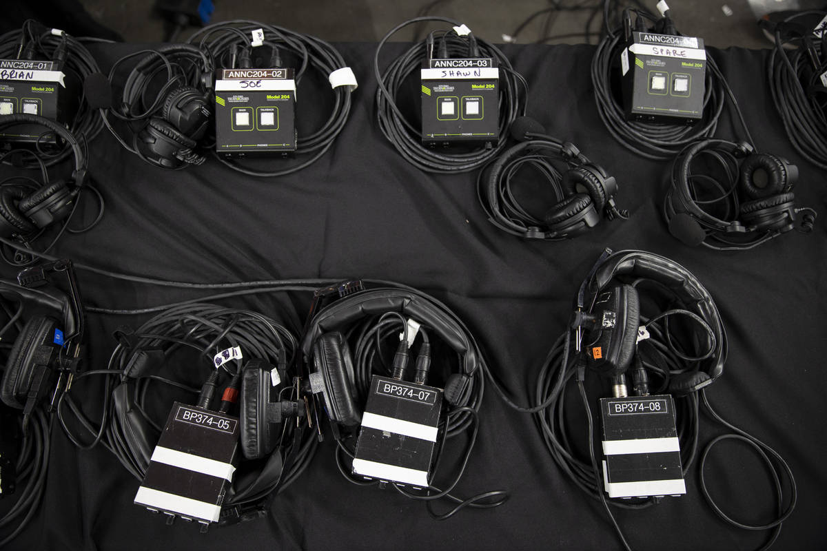 Communication headsets are seen ringside in advance of a boxing event at T-Mobile Arena in Las ...