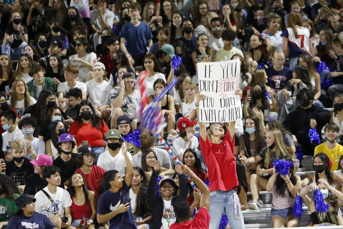 Liberty High School fans cheer during the first half of a football game against Arbor View High ...