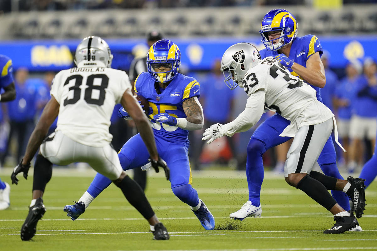 Los Angeles Rams running back Xavier Jones runs against the Las Vegas Raiders during the first ...